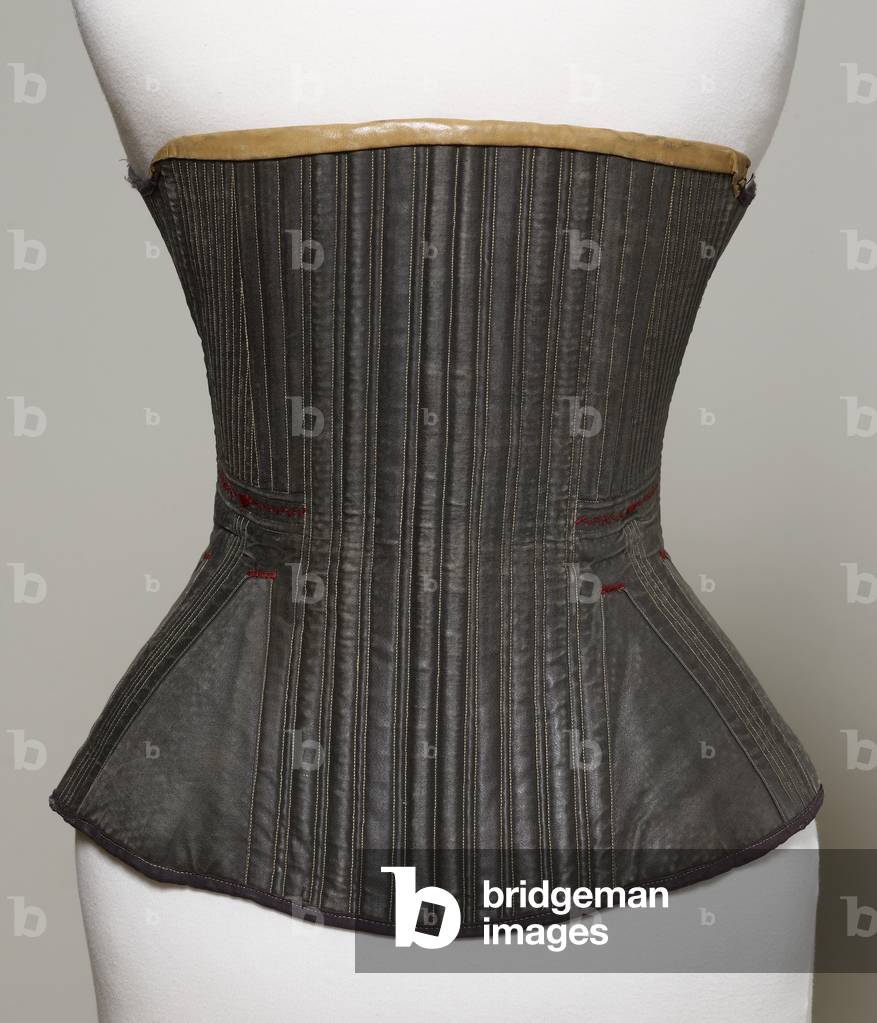 Corset (view E), 1840-50 (cotton, metal, leather & satin)