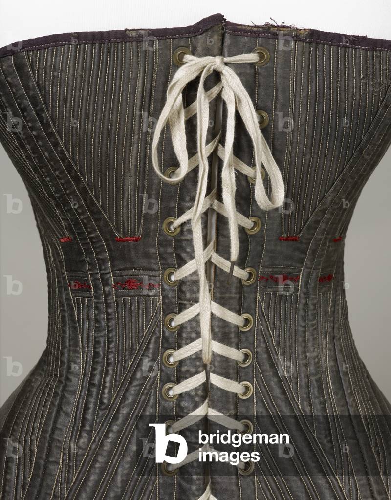 Corset (view J), 1840-50 (cotton, metal, leather & satin)
