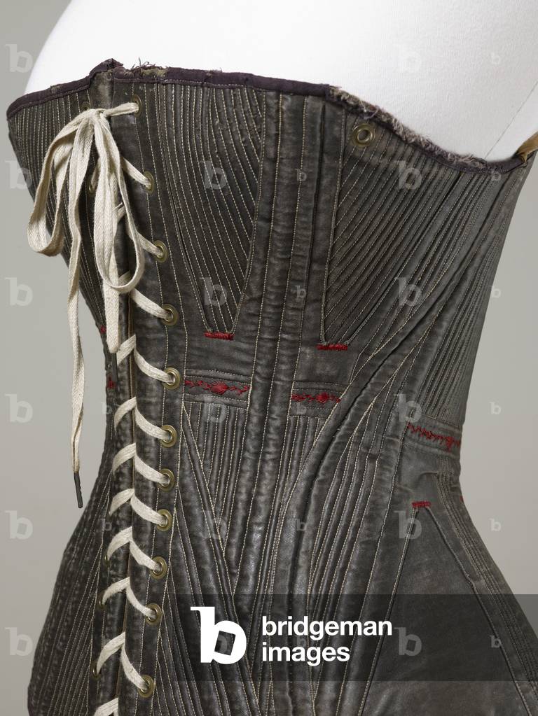 Corset (view K), 1840-50 (cotton, metal, leather & satin)