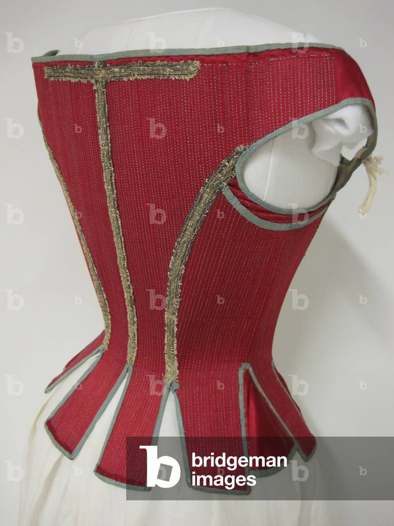 Corset, Stays and Stomacher, 1620-40 (satin, linen & silk ribbon)