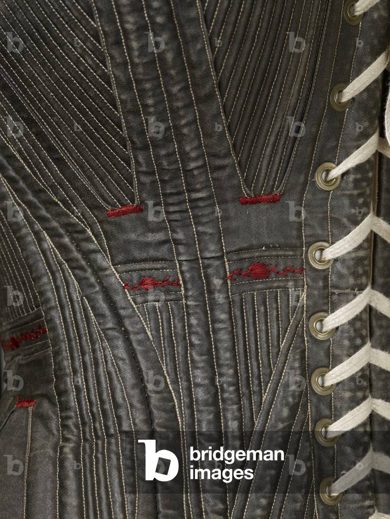 Corset (view N), 1840-50 (cotton, metal, leather & satin)