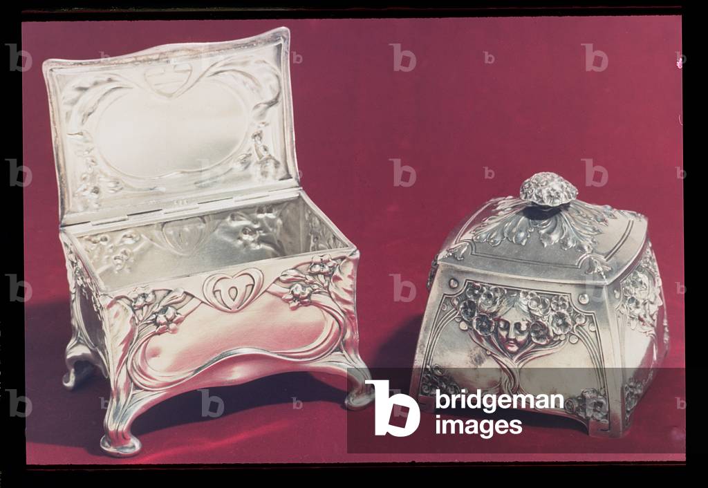 LtoR: Sugar Bowl, Fraget, Poland, 1905 (silver plate, silver plated brass and gilding); sugar bowl, Poland by Buch Brothers and T. Werner, Norblin, Poland, later than 1908 (silver plate, gilded interior)