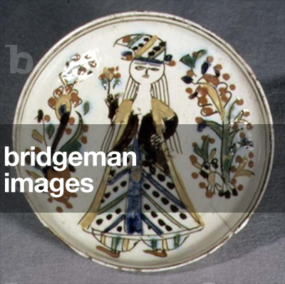 J21 Untertasse oder Teller mit einer Frau in türkischem Kostüm, aus Kutahya, Armenien, um 1750-1800 (Keramik)