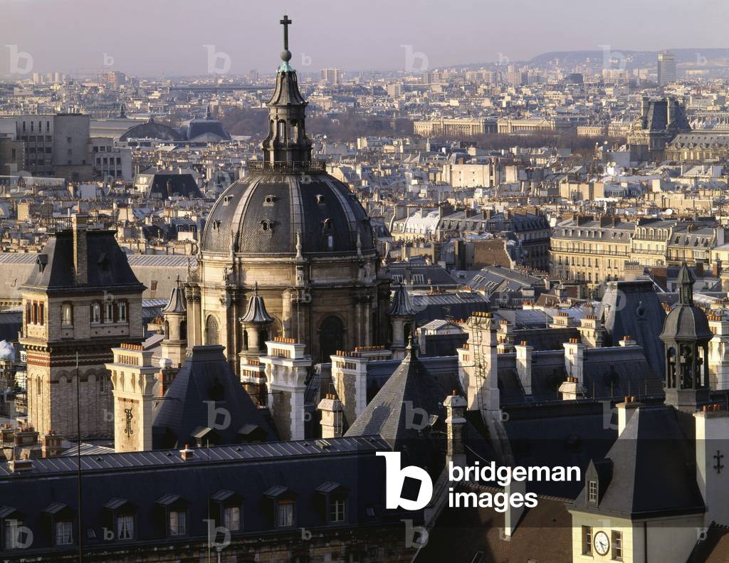 Panoramic view of Paris from the Pantheon with the dome of the chapel of the Sorbonne, Paris 5th arrondissement. Photography 1995.