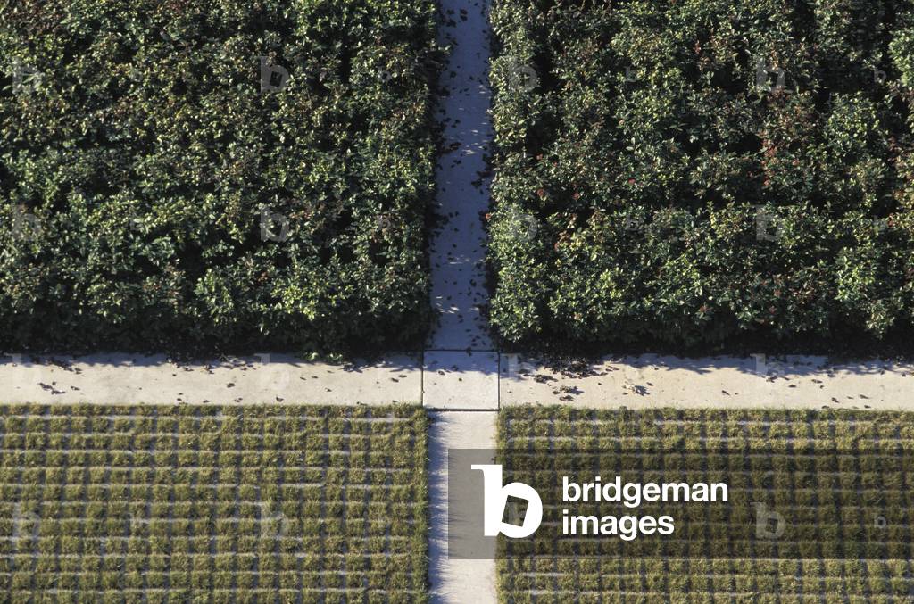 Slab gardens above a parking lot, Turin (Italy). (Garden on grass paving in Turin, Italy).