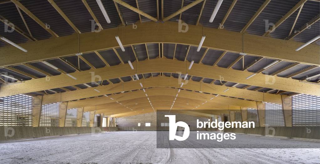 The equestrian center on the Croix-Bonnet ZAC in Bois d'Arcy in Yvelines, Ile de France (Ile-De-France), France. Architecture 2009 of B+C Architects (Giovanni Bellaviti and Dino Constantin Coursaris). Photography 01/06/09