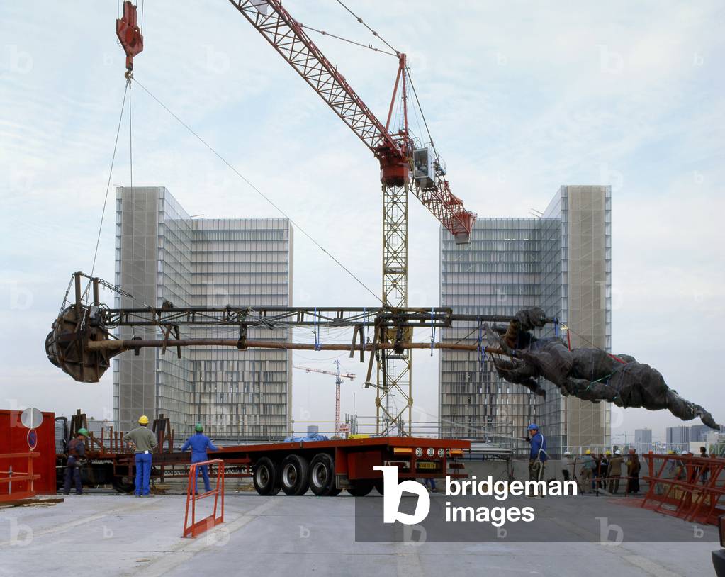 Transport of adult trees destined for the inner garden. Bibliotheque nationale de France (BNF or B.N.F.), site Francois, Paris 13th arrondissement. Architecture by Dominique Perrault (born 1953), 1989-1995