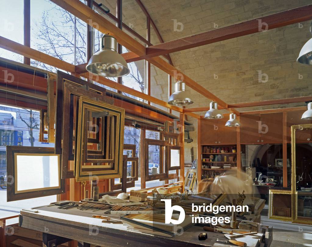 An artisan workshop in one of the restored vaults of the viaduct des Arts in Paris 1st arrondissement. In 1990, the old viaduct of Paris was rebuilt by Patrick Berger, built in 1859, connecting the Bastille by rail to Vincenne.