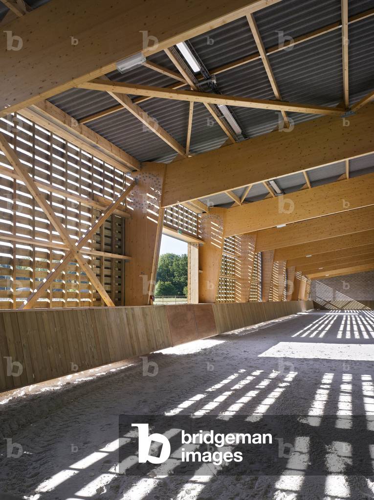 The equestrian center on the Croix-Bonnet ZAC in Bois d'Arcy in Yvelines, Ile de France (Ile-De-France), France. Architecture 2009 of B+C Architects (Giovanni Bellaviti and Dino Constantin Coursaris). Photography 01/06/09