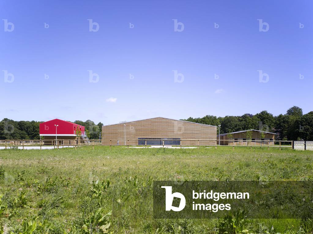 The equestrian center on the Croix-Bonnet ZAC in Bois d'Arcy in Yvelines, Ile de France (Ile-De-France), France. Architecture 2009 of B+C Architects (Giovanni Bellaviti and Dino Constantin Coursaris). Photography 01/06/09