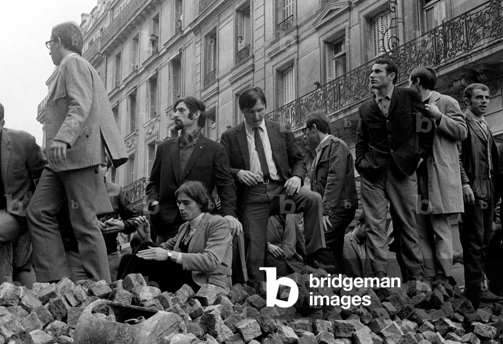 May 1968: demonstrators settled on a mountain of cobblestone in the street Gay Lussac in Paris.