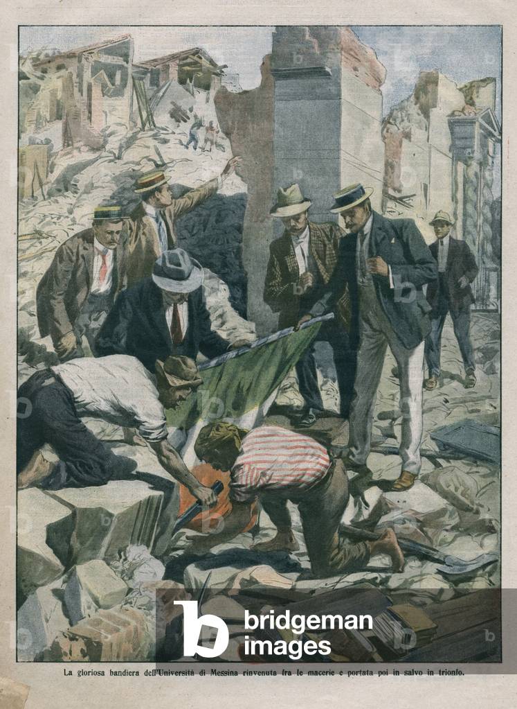 Earthquake in Messina (Sicily) in 1909 illustration from “La Domenica del Corriere” 08/1909 (lithograph)
