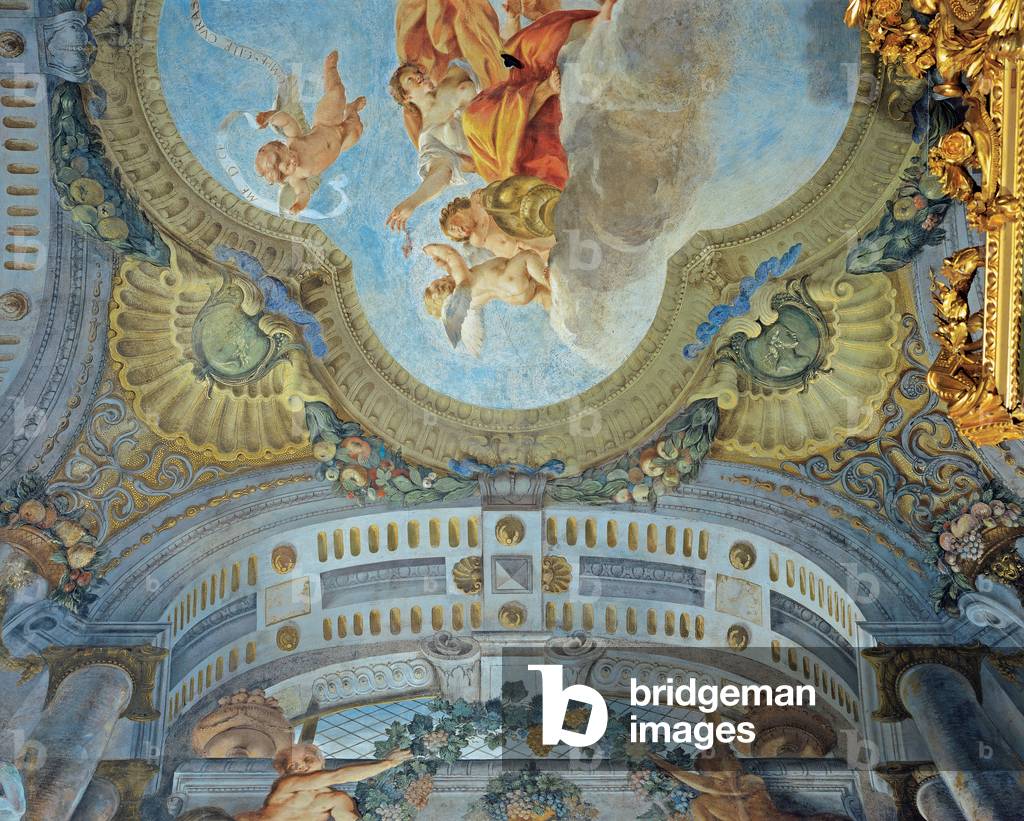 Genoa, Royal Palace, Duke's bedroom: frescoed ceiling depicting mytghological scene between panels, 1651 - 1654 (fresco)