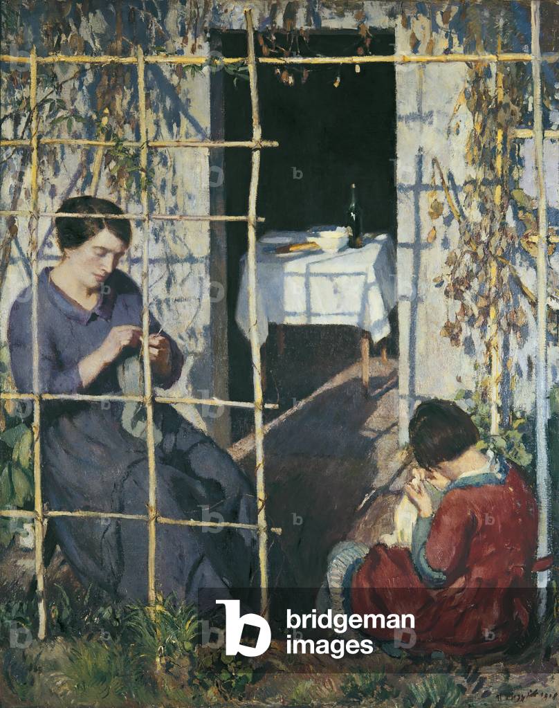 Female Figures who Embroider in front of the Door - Home of the Artist, by Umberto Moggioli, 1918, 20th Century, oil on canvas, 148 x 118 cm