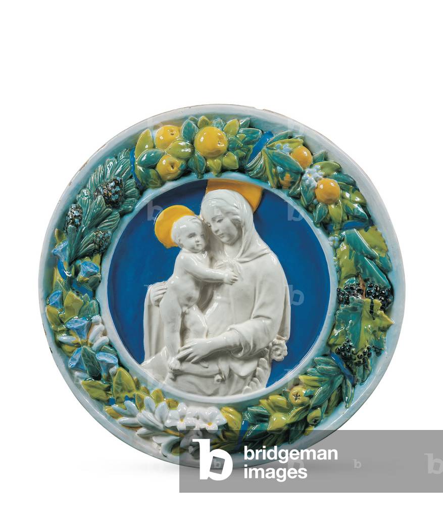 Madonna and Child in a frame with garland, (glazed terracotta)