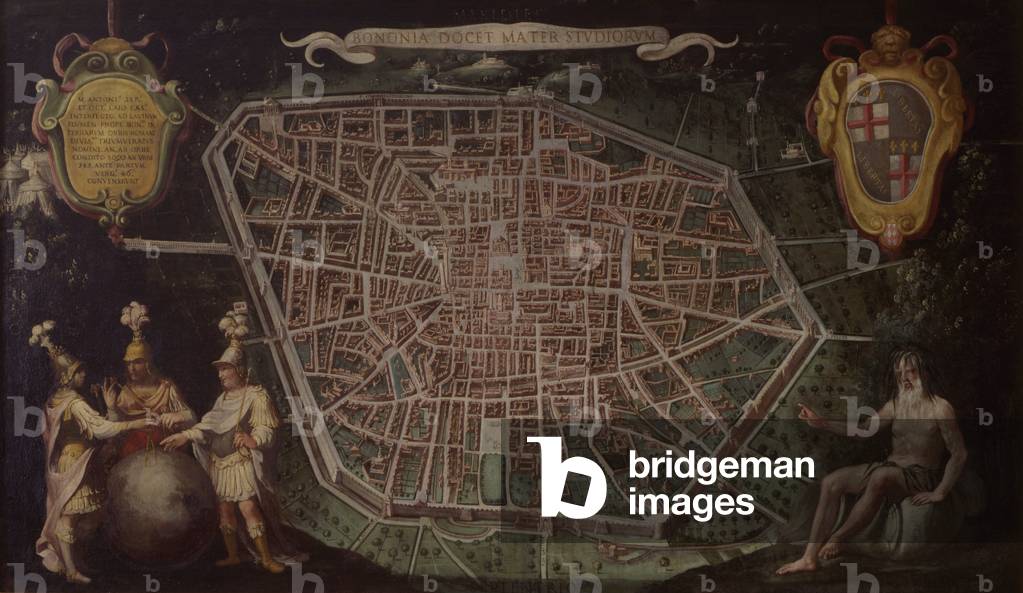 Plan of the city of Bologna , 'Bononia docet mater studiorum', by Giovanni Maria Tamburini pseudo Mastelletta, 17th - 18th Century, oil on canvas