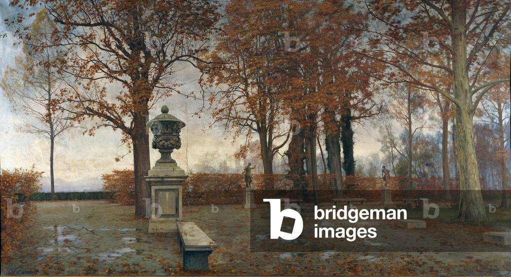 The fall of the leaves in the Royal Garden of Turin (La caduta delle foglie nel giardino reale di Torino), by Marco Calderini, 19th Century, oil on canvas
