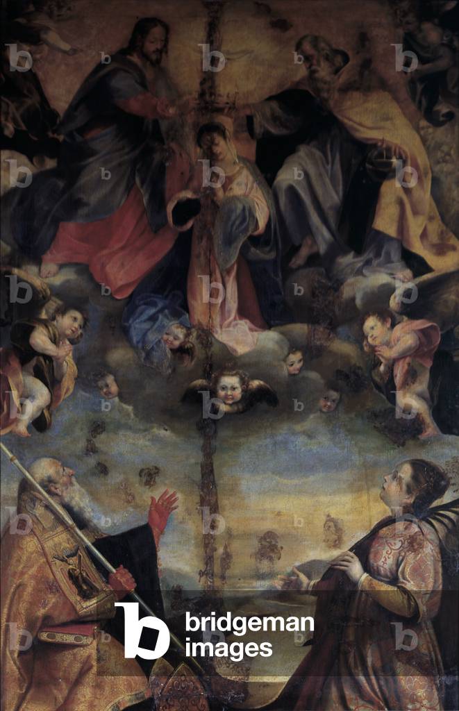 Coronation of the Virgin with Saints Christina and Benedict, by Workshop of Federico Fiori also known as Barocci or Baroccio, 1590 - 1610, 16th Century, oil on canvas, 350 x 200 cm