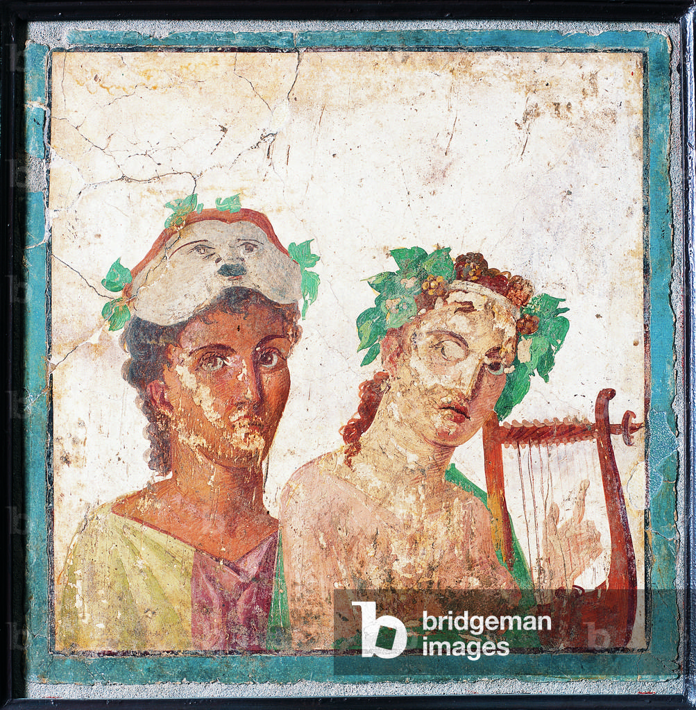 Couple with Masks, by unknown artist, 45-79, 1st Century A.D., ripped fresco, 46 x 46 cm