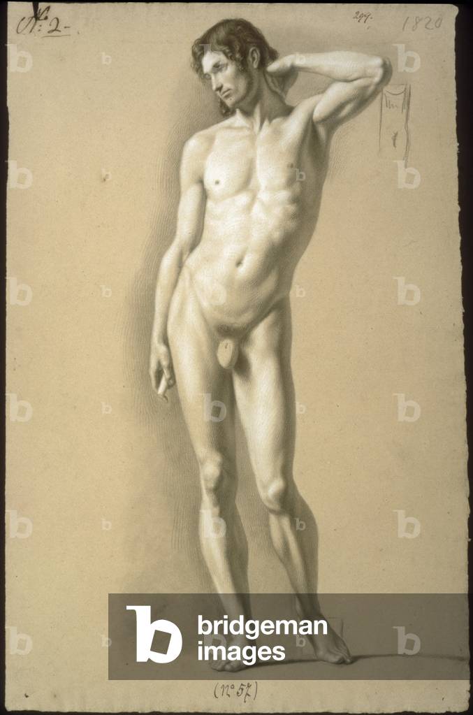 Male Nude Standing (nudo virile in piedi), by Carlo Picozzi, 1820, 19th Century, charcoal and white lead on paper