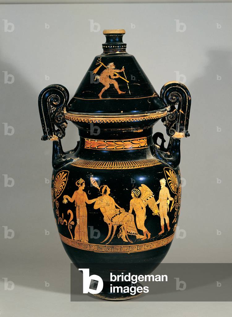 Apulian crater with handles and red figures, 380 - 370 A.D.