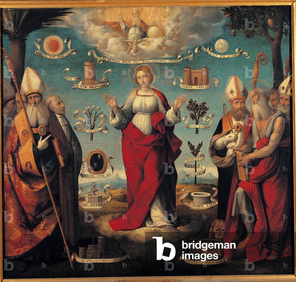 La Trinite, the Virgin surrounded by her emblems (moon, sun, tower, well, lily, rose, walled garden, closed door, spotless mirror), the Doctors of the Church, 1550-50 (oil no canvas)