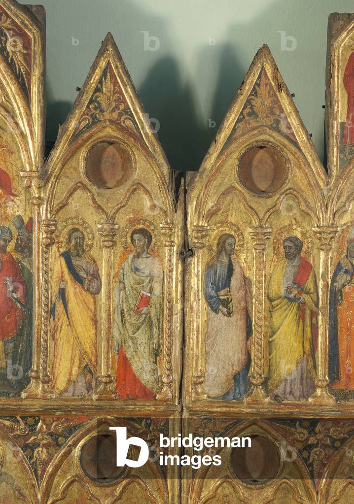 Reliquary Triptych with Crucifixion, Annunciation and Thirty Figures of Saints (Trittico reliquiario con Crocifissione, Annunciazione e trenta Santi), by Jacopino da Reggio, Bartolomeo da Reggio, 1365, 15th Century, tempera on board, 67 x 92 cm