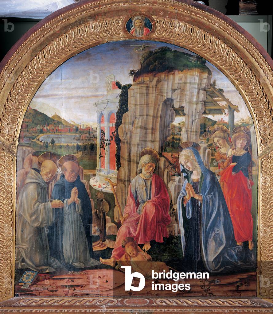 Nativity with Sts Bernard and Thomas Aquinas and Two Angels, 1475 - 1476 (thick tempera with oily finishing on panel)