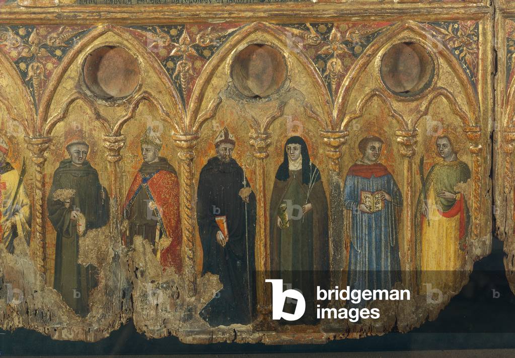 Reliquary Triptych with Crucifixion, Annunciation and Thirty Figures of Saints (Trittico reliquiario con Crocifissione, Annunciazione e trenta Santi), by Jacopino da Reggio, Bartolomeo da Reggio, 1365, 15th Century, tempera on board, 67 x 92 cm