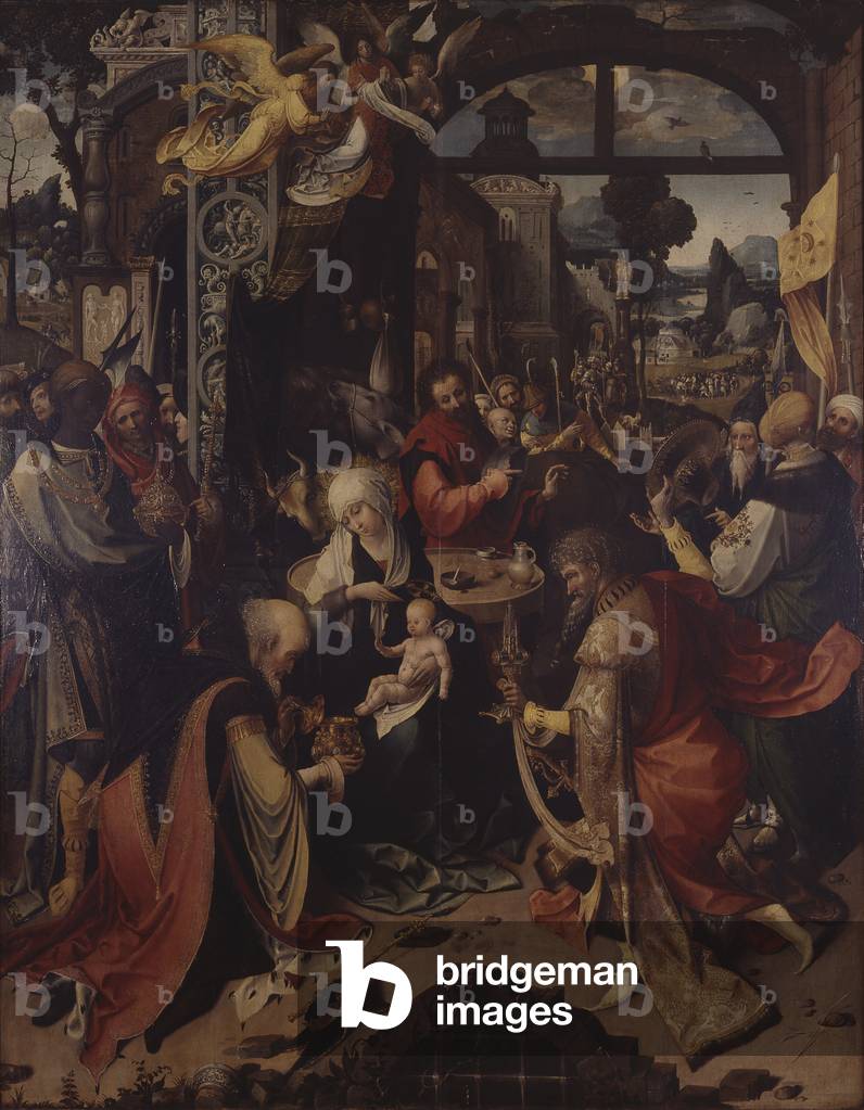Adoration of the Magi, Nativity, Rest on the Flight into Egypt, by Jan de Beer, 16th century, oil on wood walnut.