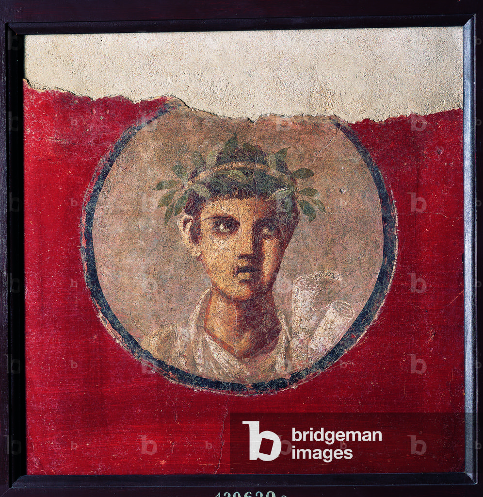 Young Man with a Roll, by unknown artist, 50-79, 1st Century A.D., ripped fresco, 18 x 13 cm