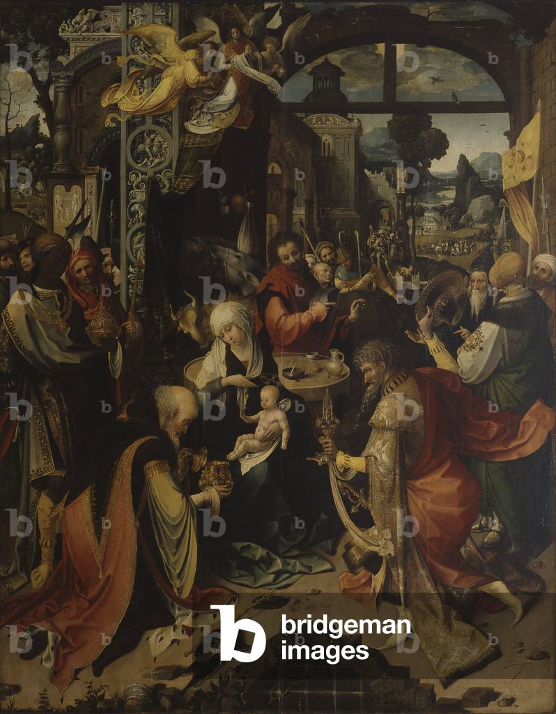 Adoration of the Magi, the Nativity, Rest on the Flight into Egypt (Aanbidding van de koningen, de Geboortekerk, Rust op de vlucht naar Egypte), by Jan de Beer, c.1515-1520, 16th Century, oil on wood of walnut, 156 x 123 cm