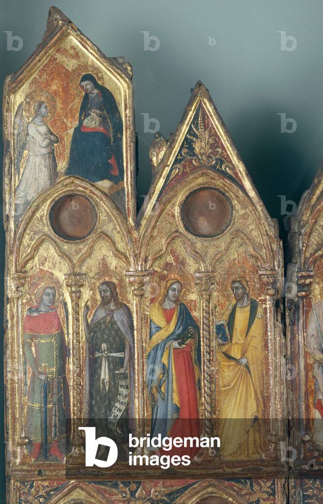 Reliquary Triptych with Crucifixion, Annunciation and Thirty Figures of Saints (Trittico reliquiario con Crocifissione, Annunciazione e trenta Santi), by Jacopino da Reggio, Bartolomeo da Reggio, 1365, 15th Century, tempera on board, 67 x 92 cm