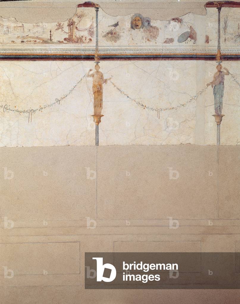 Frieze with theatre masks, idyllic-sacred scenery and panels with garlands and caryatids, 25 A.D. (mural)