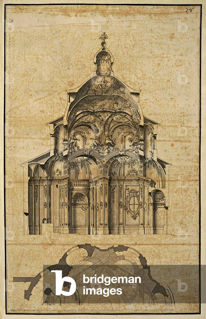 Plan and section of a baroque church, (pen and watercolored ink)