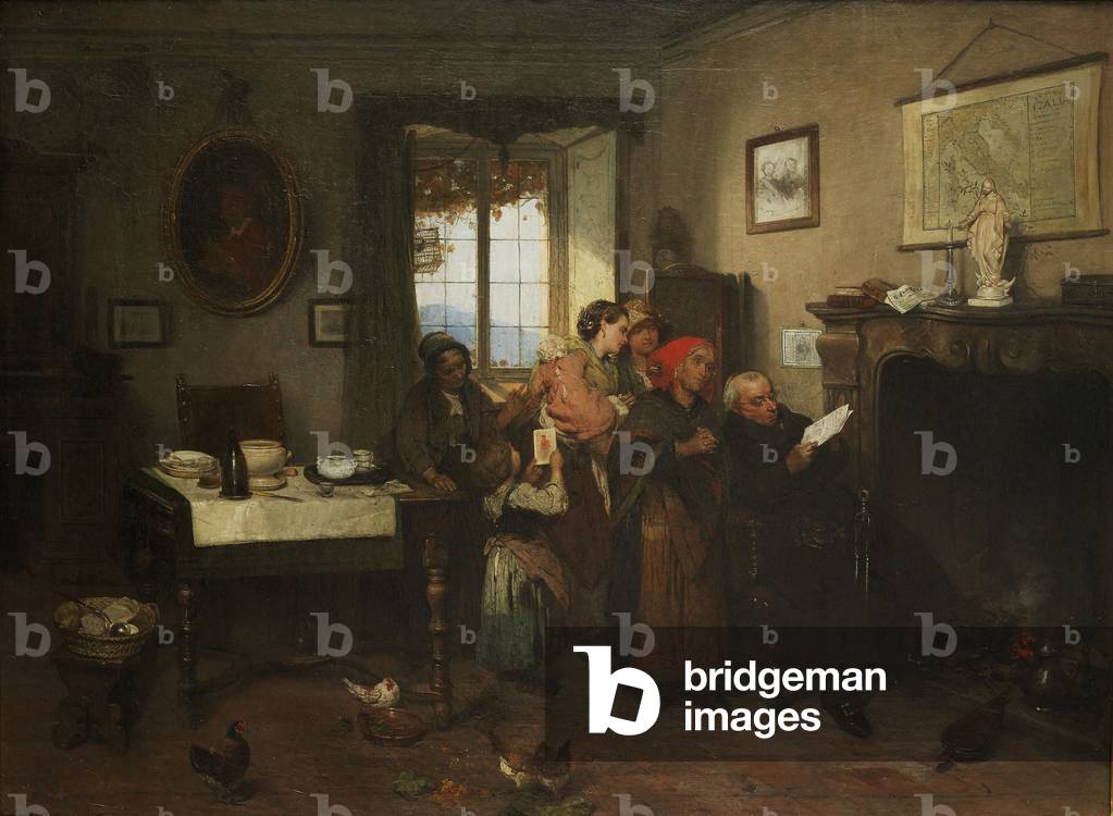 Reading a letter from an army camp (La lettura di una lettera giunta dal campo), by Angelo Trezzini, 19th Century, oil on canvas, 97 x 131 cm