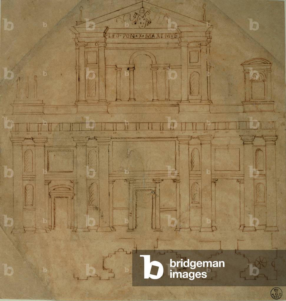 Copy of Raphael's facade layout/design/plan of the San Lorenzo church in Florence, 1518 - 1519 (pen on paper)