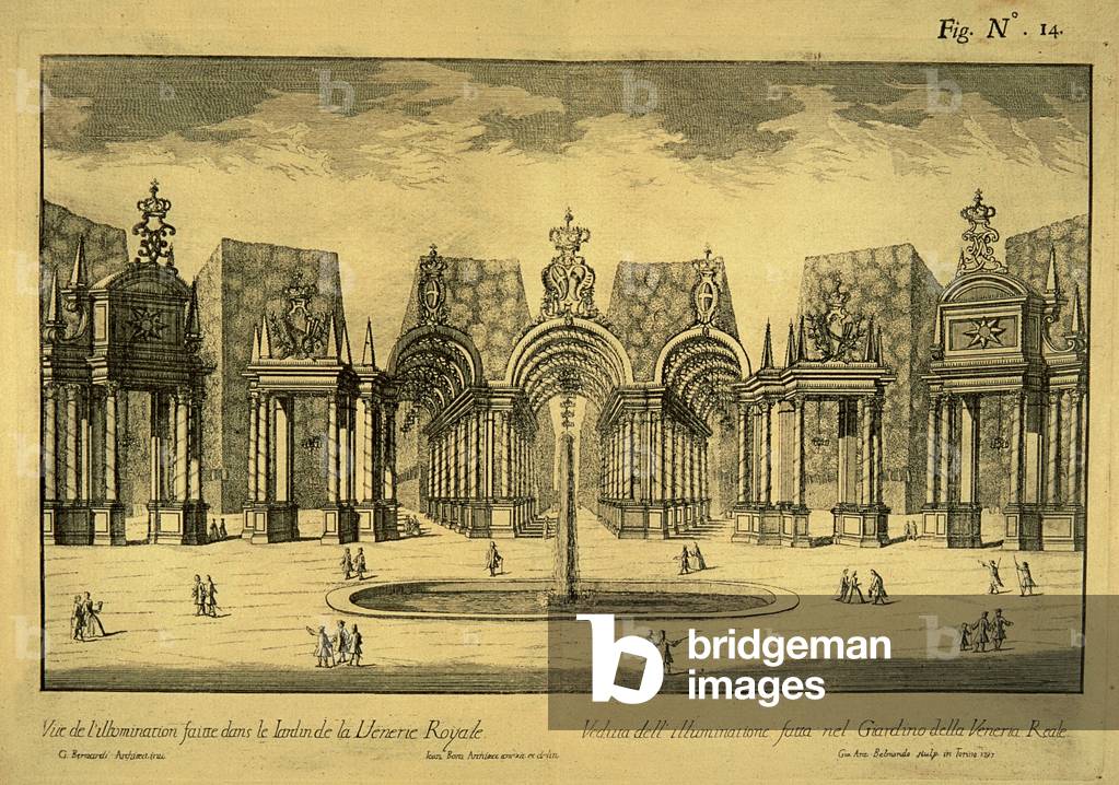 View of the lighting set up in the Garden of the Palace of Venaria, 1737 (print)