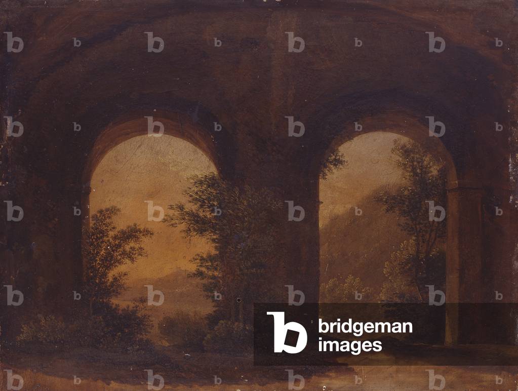 Landscape Seen Through the Arches of an Old Building (Paesaggio visto attraverso gli archi di un antico edificio), by unknown artist, about 18th century, oil on oak panel
