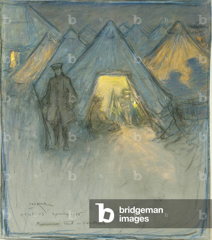Sentries at prisoners' tent, 1915 (pastel & gouache on grey laid paper mounted on buff paper)