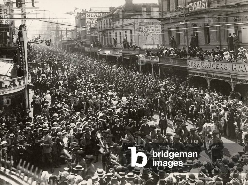 The 12th Battalion, AIF, marching through the city prior to embarking for service overseas, Hobart, Tasmania, 14 October 1914 (b/w photo)