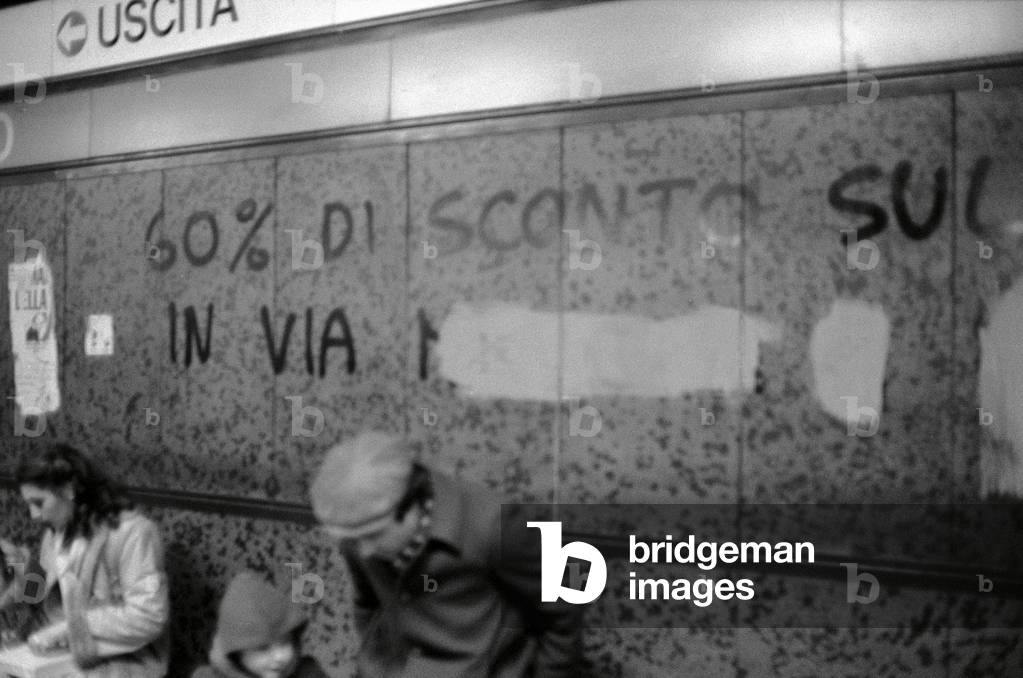 Vandal writings in an underground station, 1980 (b/w photo)