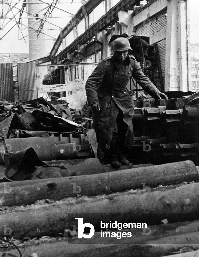 Dispatch rider among Stalingrad's ruins, 1942 (b/w photo)