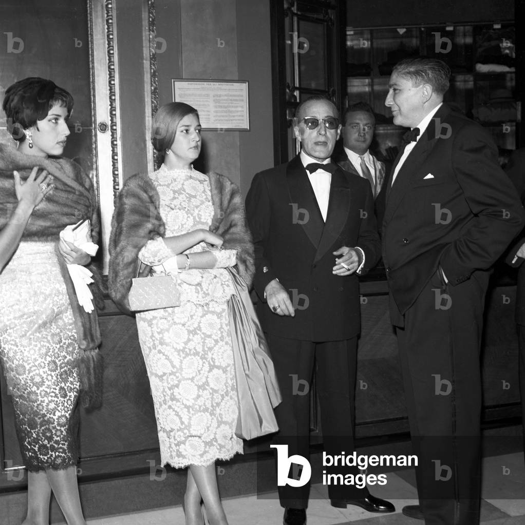 Toto and Franca Faldini at the premiere of the film War and Peace, Italy, 1956 (b/w photo)