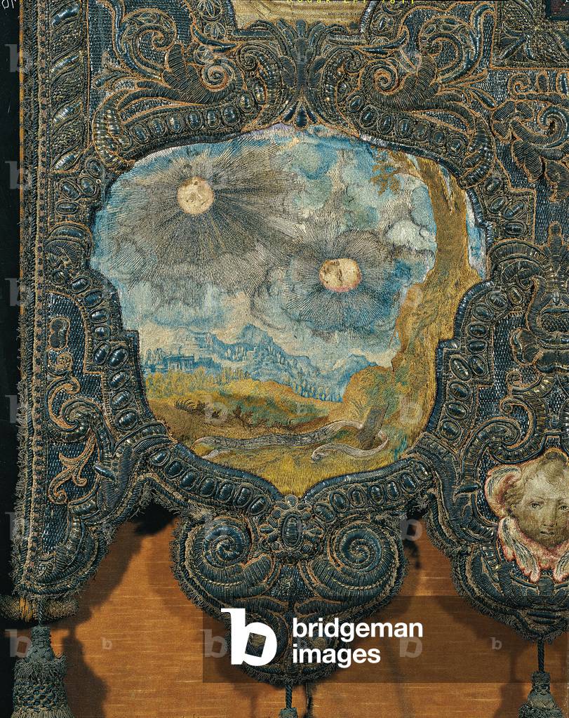 Processional Standard (Stendardo processionale), by Milanese manufacture, embroidered taffeta, spun gold and silver, foliated gold, 350 x 175 cm