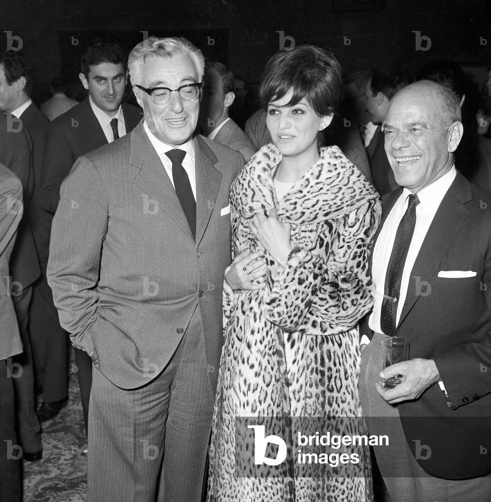 Vittorio De Sica and Claudia Cardinale at Frank Capra's press conference, Italy, 1962 (b/w photo)