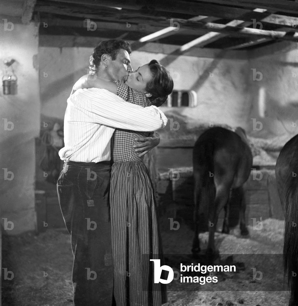 Raf Vallone and Eva Kotthaus in Uragano sul Po, Italy, 1956 (b/w photo)