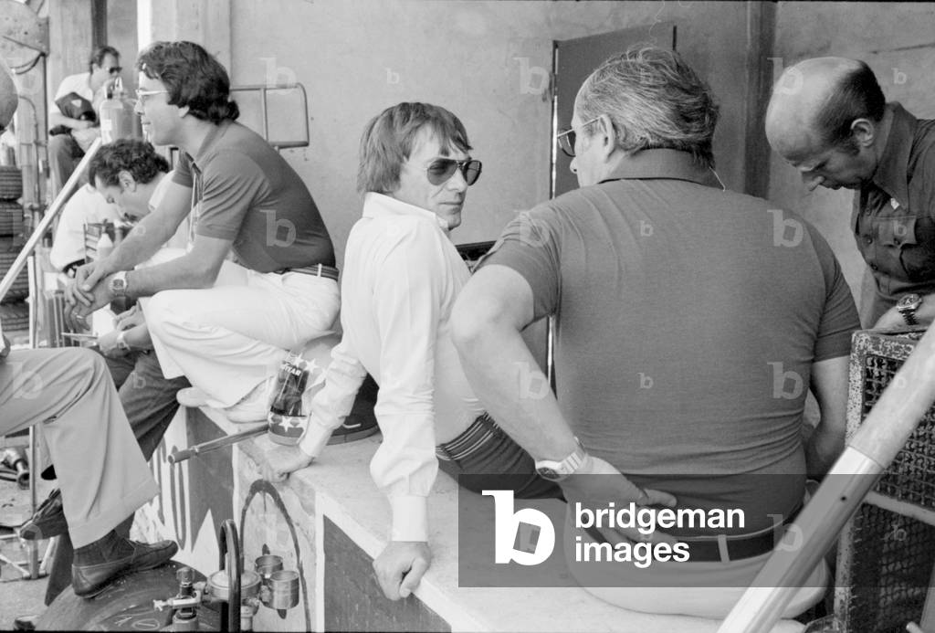 Bernie Ecclestone in the pits during the qualifying sessions of the Italian Gran Prix, Italy, 1977 (b/w photo)