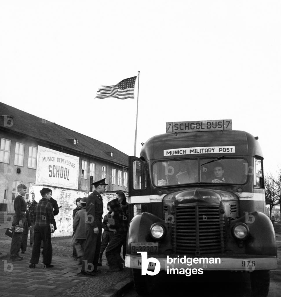 American bus in West Germany, 1950 (b/w photo)