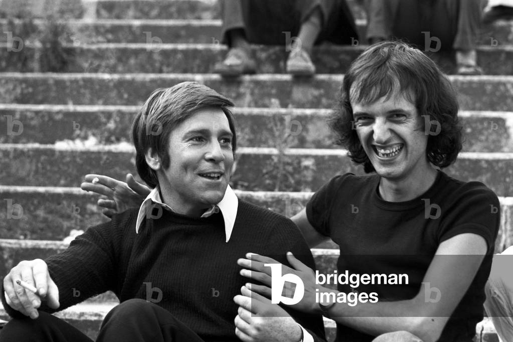 Dario Argento and Enzo Cerusico on the set of TV show Door into Darkness, Italy, 1972 (b/w photo)
